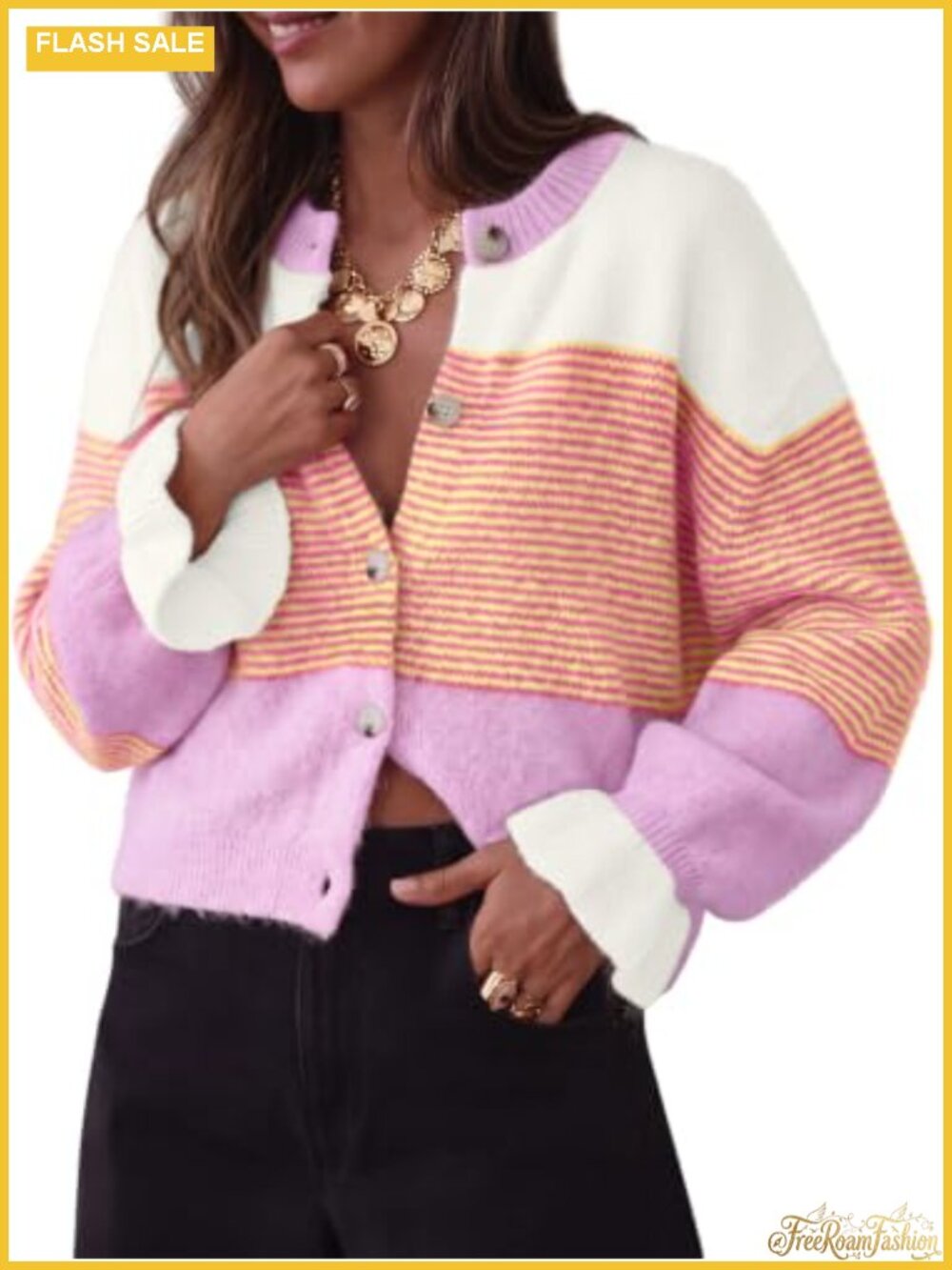 Striped Button Front Cardigan Long Sleeve Crew Neck Knit Women's Sweater